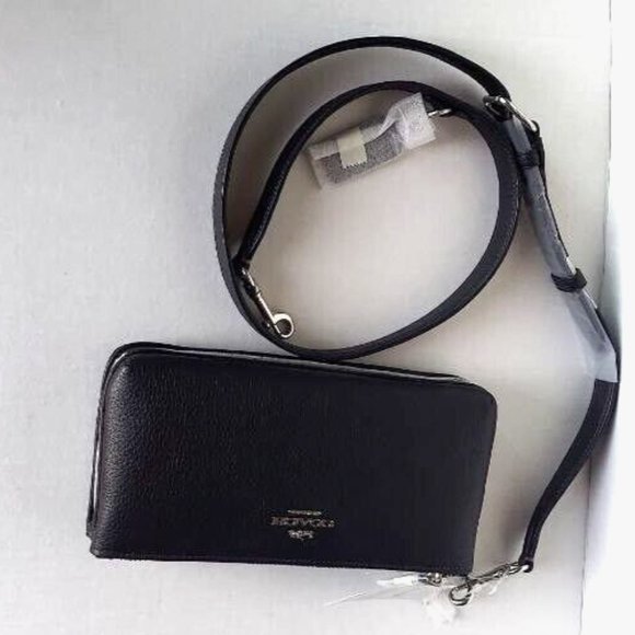 NWT Coach CJ789 Double Zip Crossbody in Refine Pebble Leather Clutch in Black - Picture 6 of 16